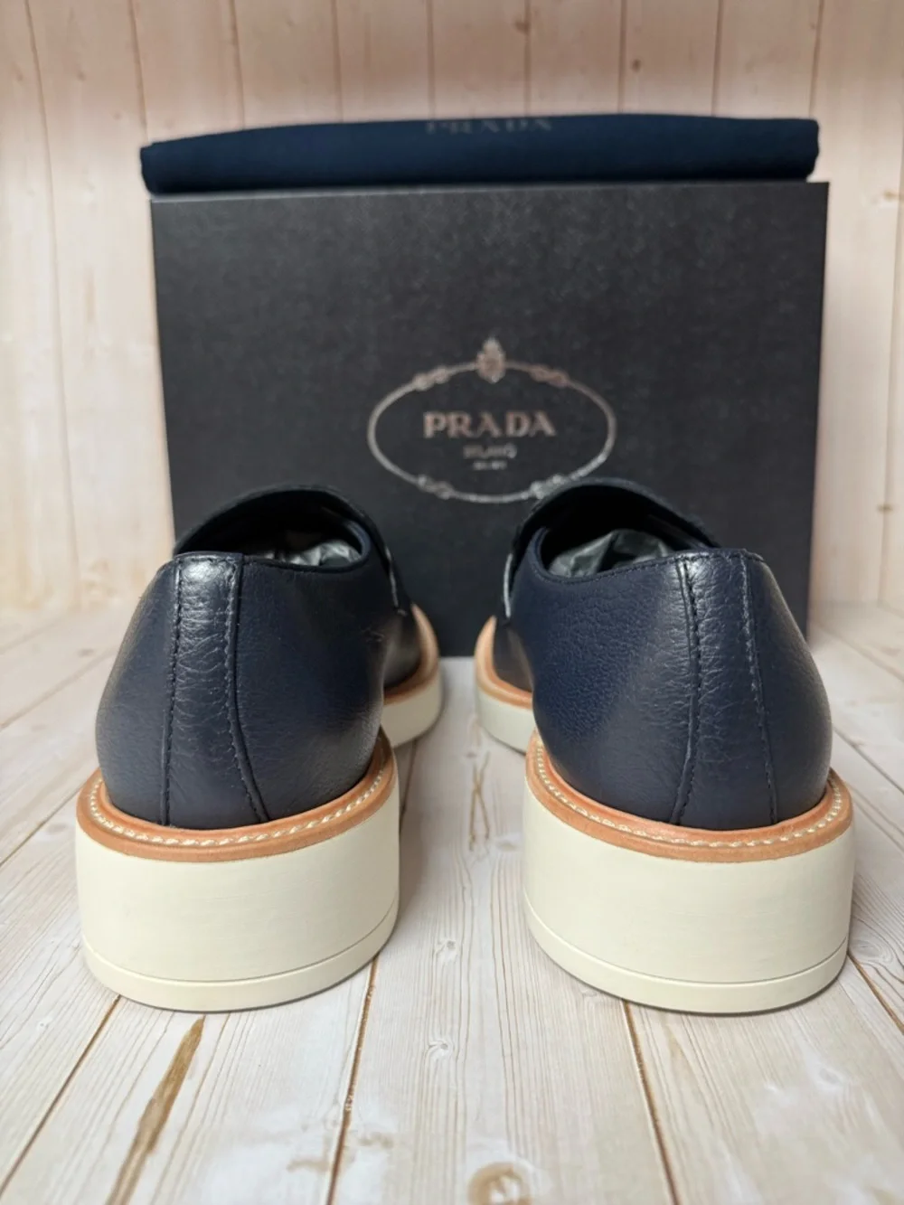 Prada Triangle-Logo Leather Loafers Navy Blue Sz 7.5UK / 8.5US - Picture 9 of 12